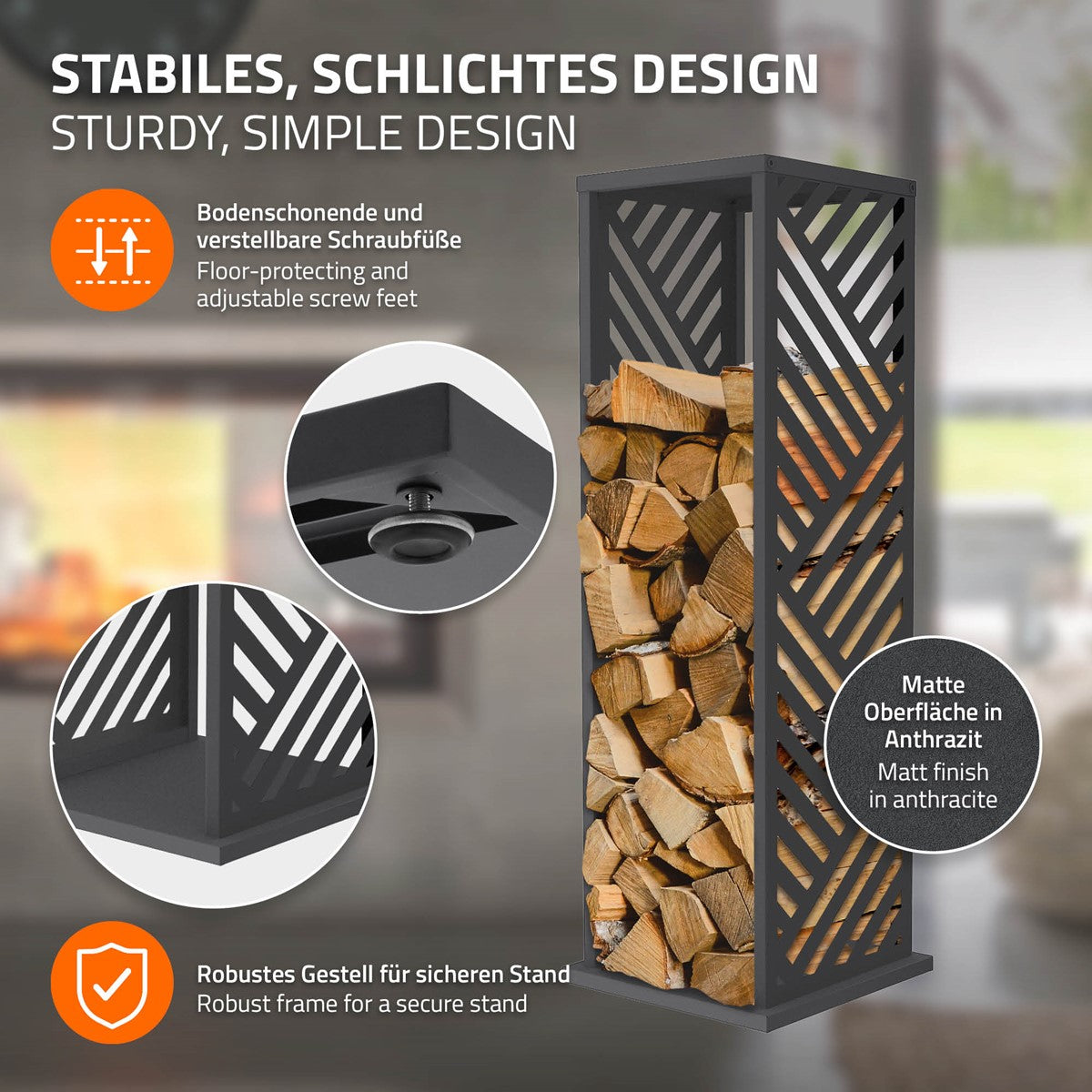 Ein stabiles Holzregal mit verstellbaren Schraubfüßen.