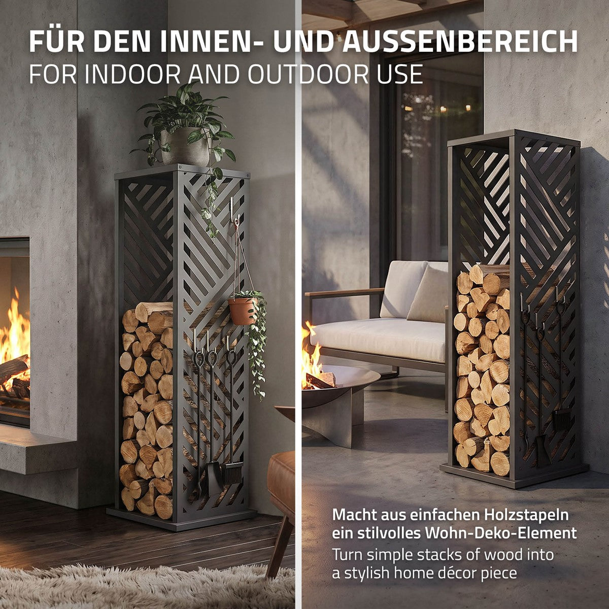 Ein Holzregal für Innen- und Außenbereich mit Holzstapel.