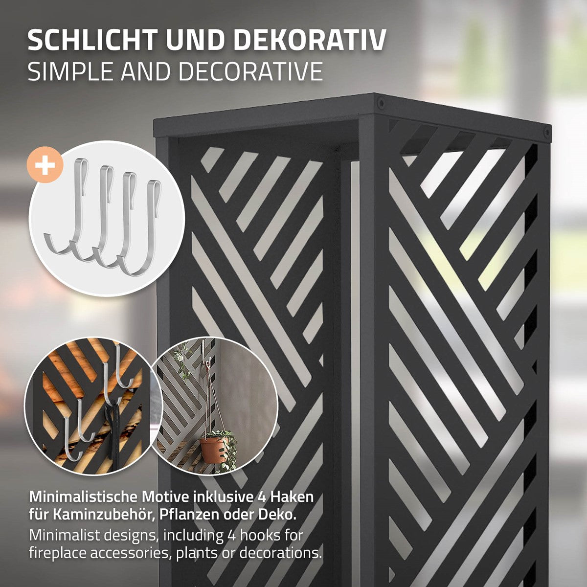 Holzregal mit minimalistischen Motiven und Haken für Kaminzubehör.