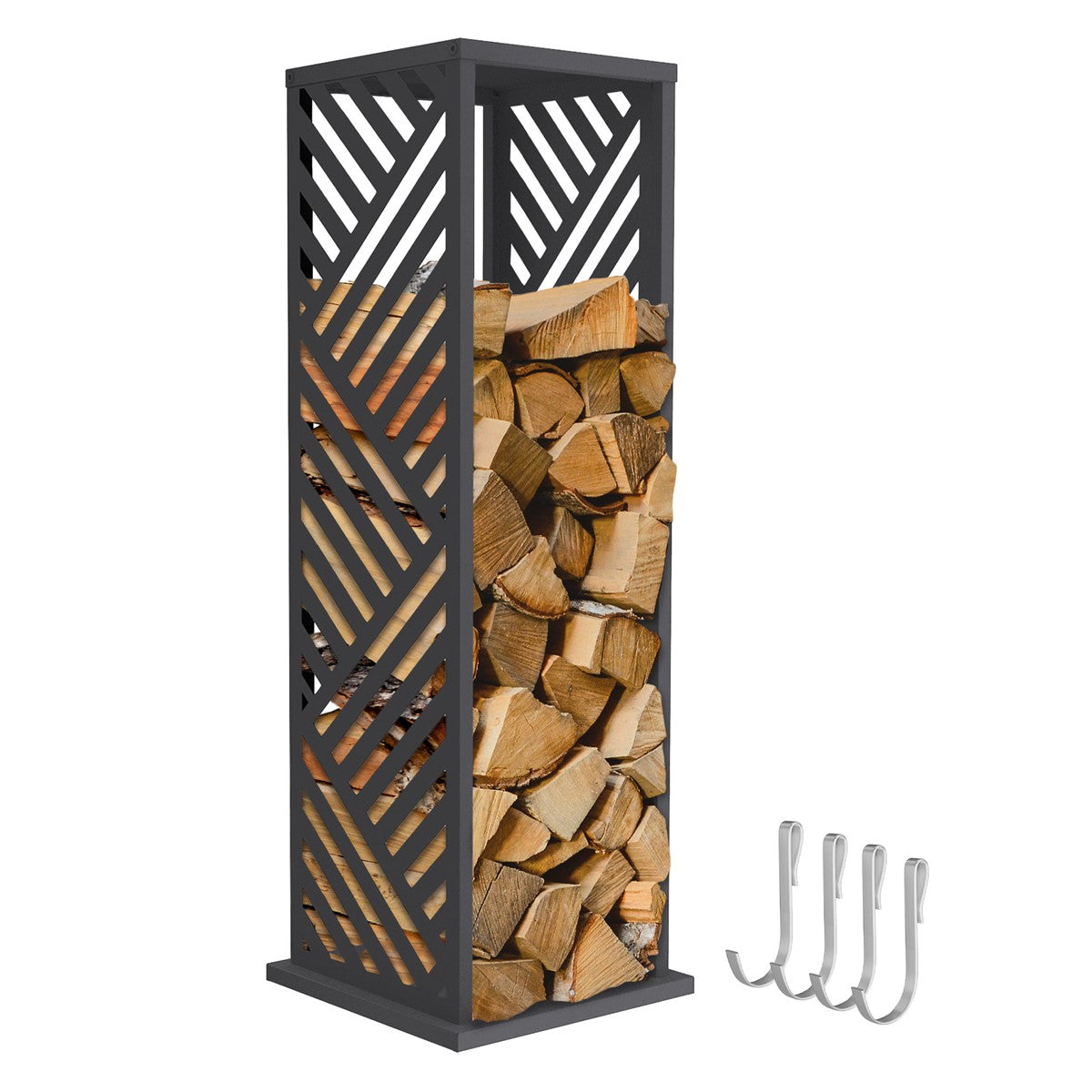 A firewood rack with stacked wood and four hooks beside it.