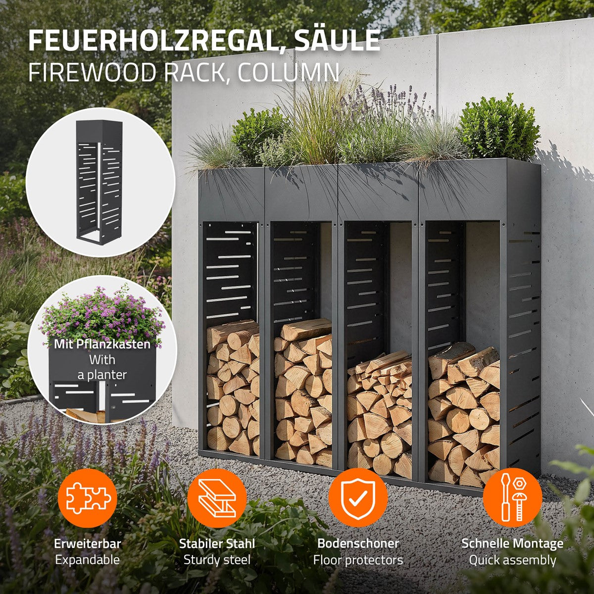 Feuerholzregal mit Pflanzkasten, vier Fächer für Holz, stabiler Stahl, schnelle Montage.