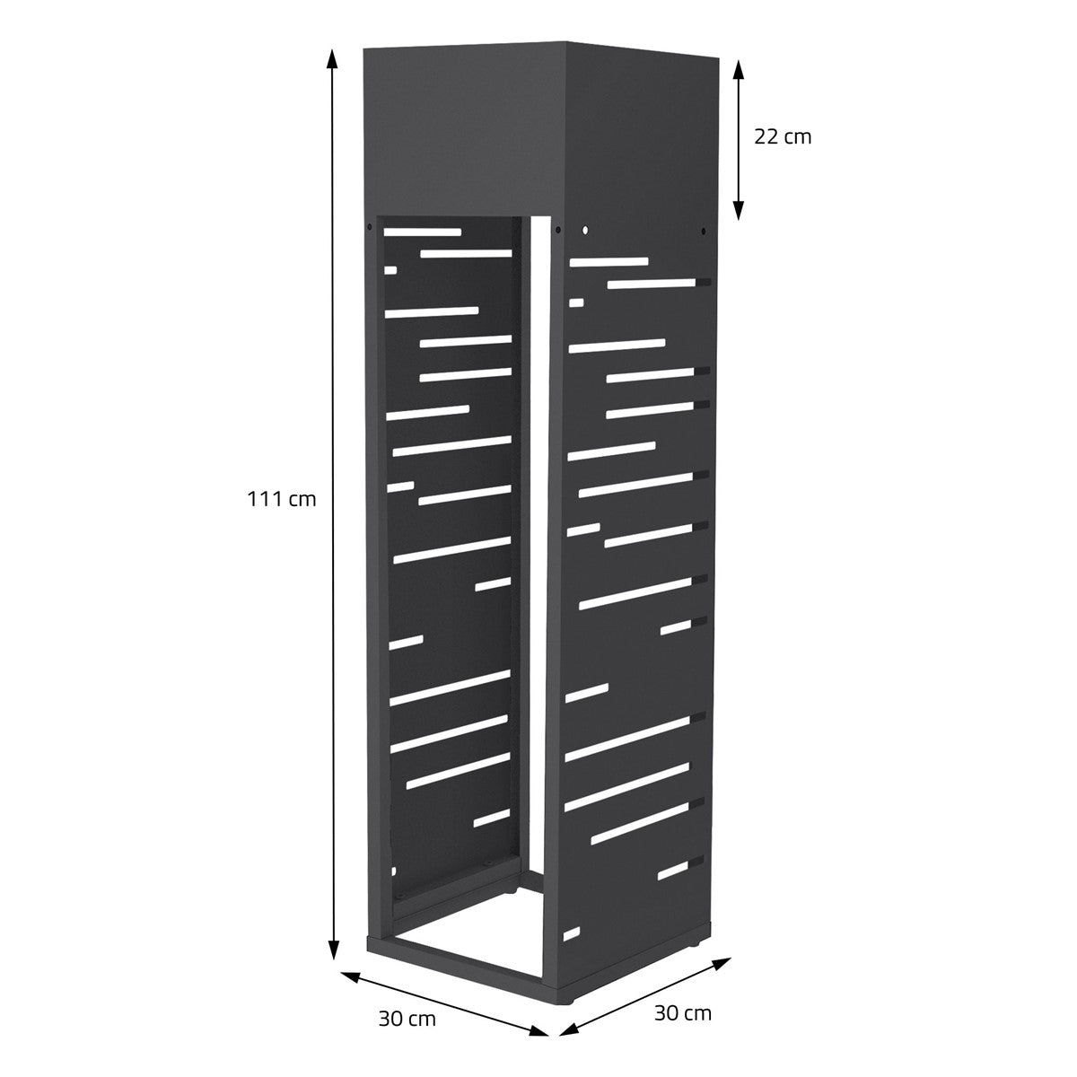 Schwarze, offene Säule mit geometrischen Mustern, Maße: 111 cm hoch, 30 cm breit.