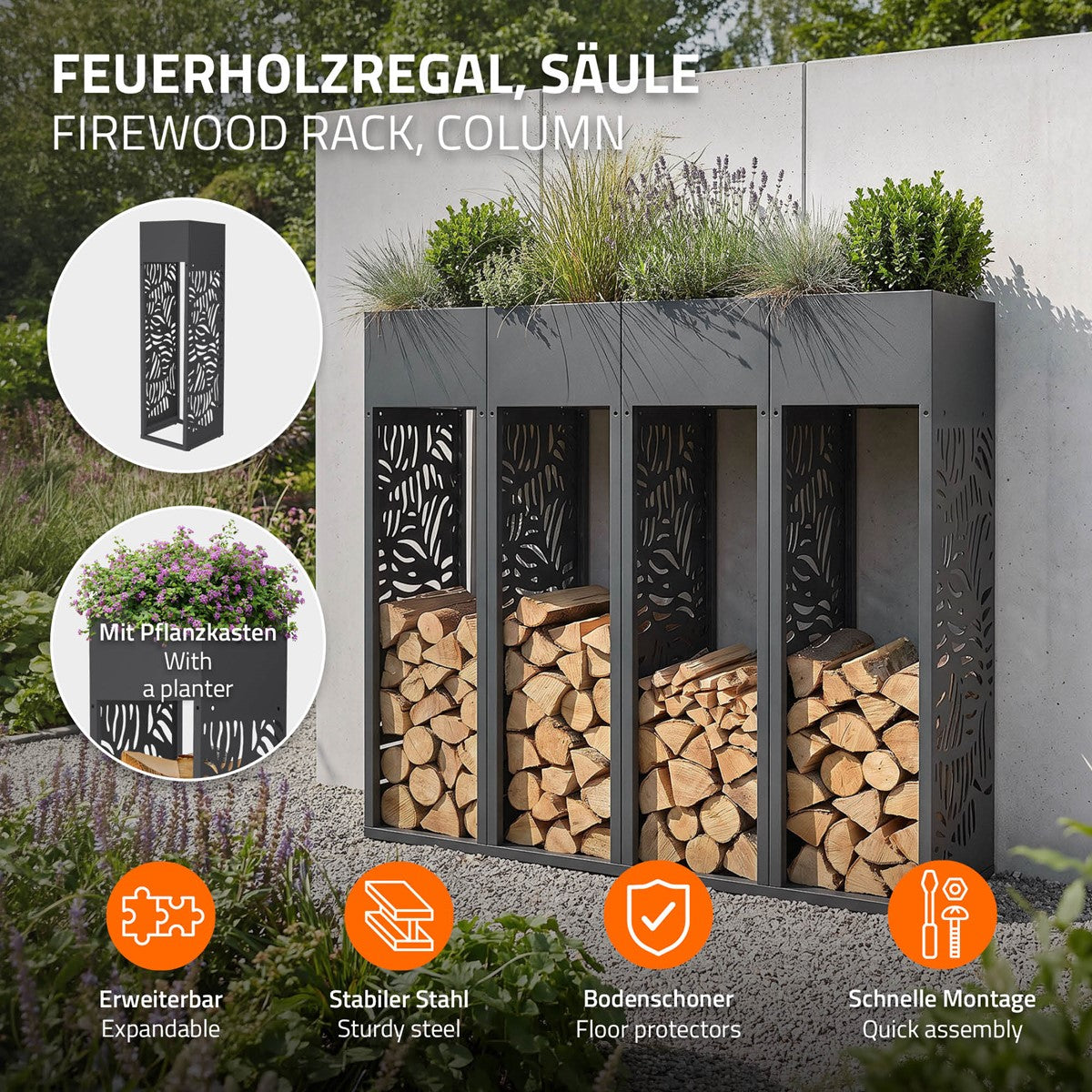 Feuerholzregal mit Pflanzenkasten, Holzscheite in Fächern, dekoratives Design.