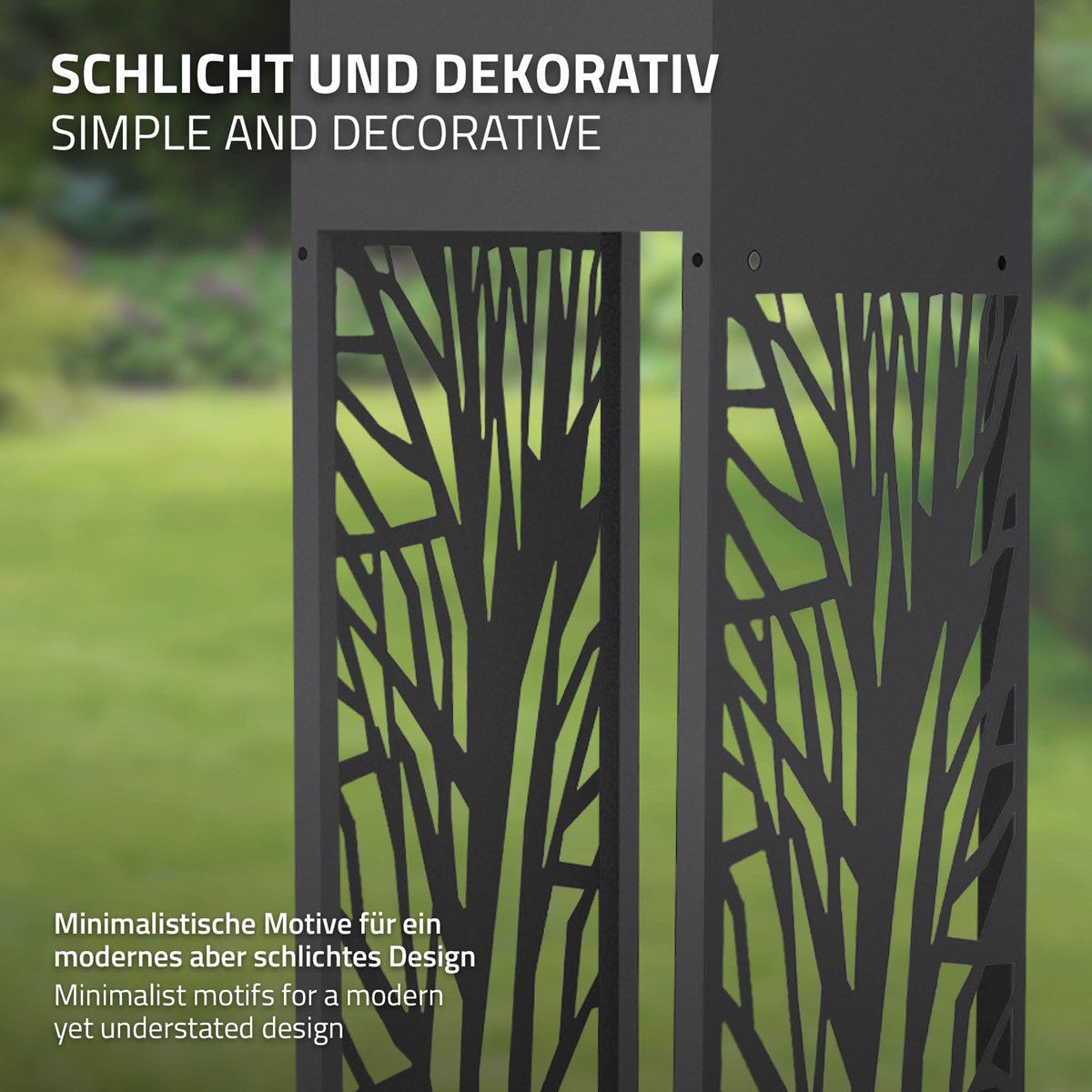 Minimalistisches Design mit Baum-Motiven, dekorative Elemente in schwarzem Metall.