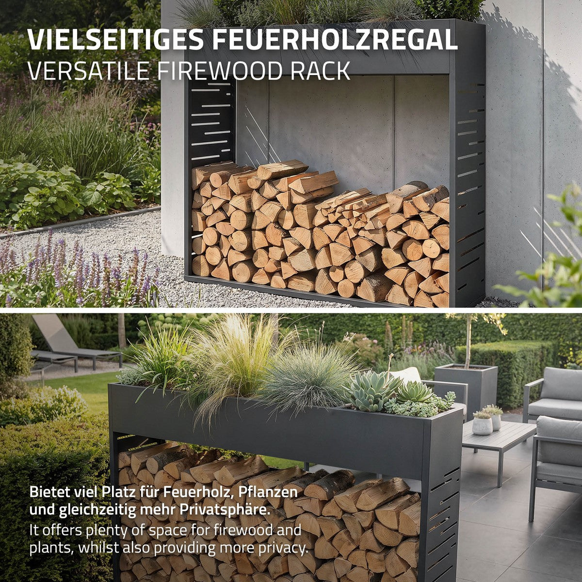 Ein Feuerholzregal mit Holz und Pflanzen, bietet Privatsphäre.
