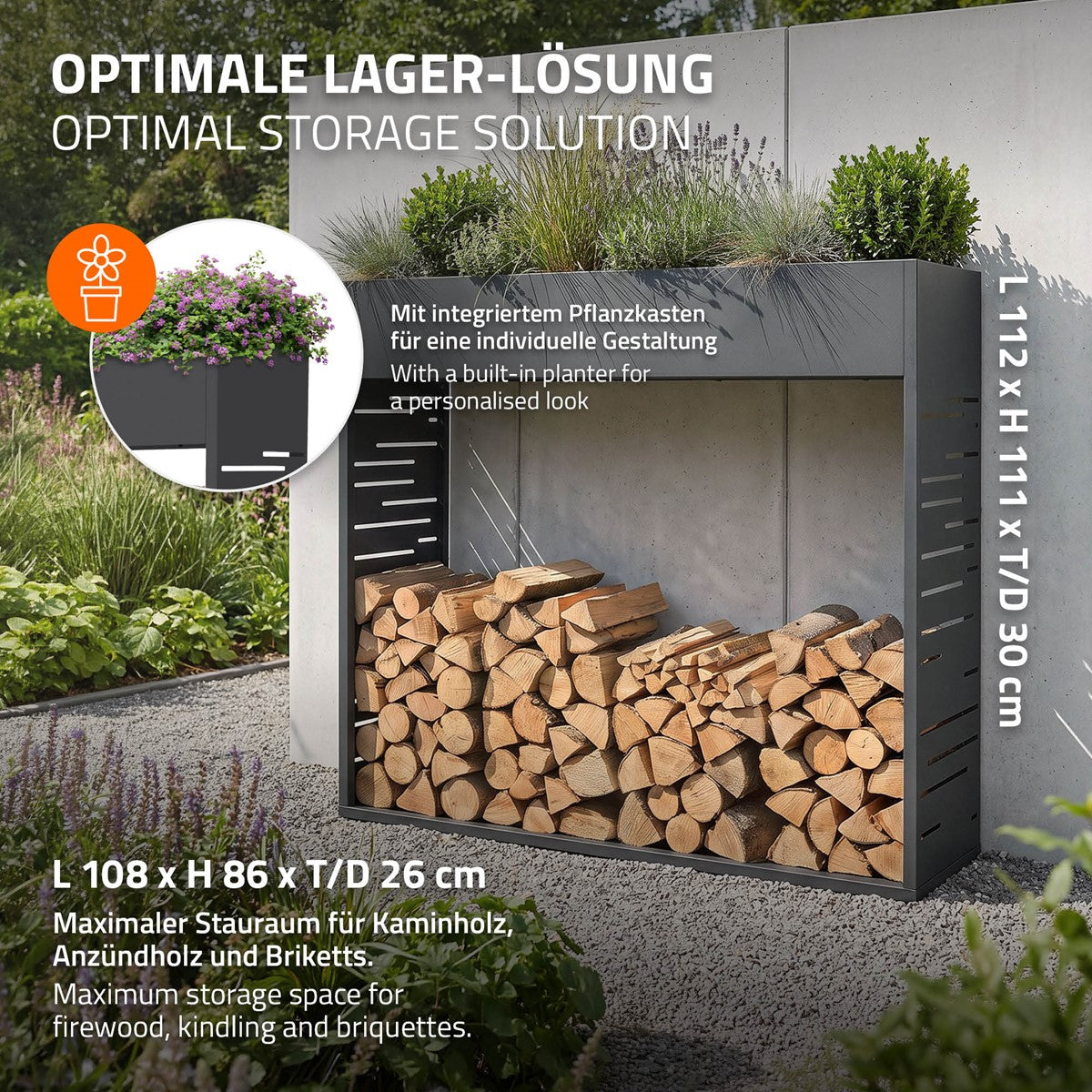 Lagerlösung für Holz mit integriertem Pflanzkasten.