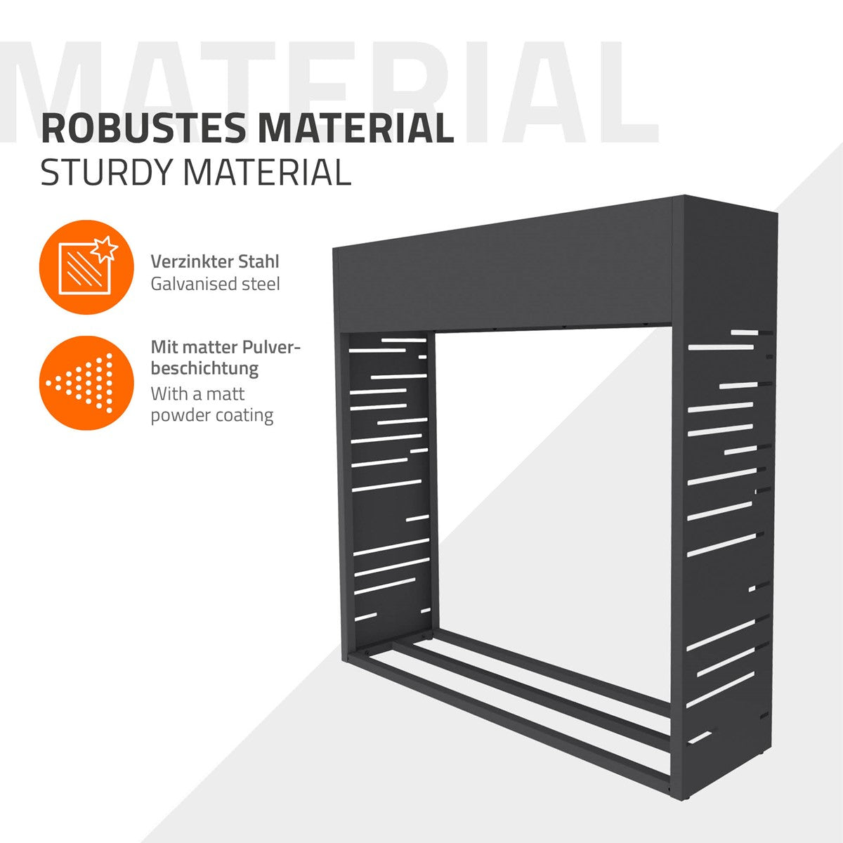 Robustes Material aus verzinktem Stahl mit mattem Pulverbeschichtung.
