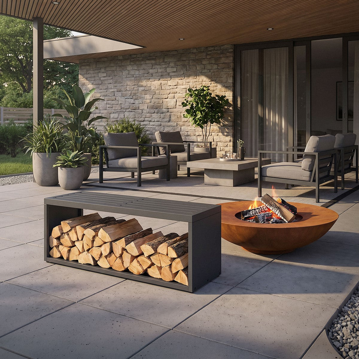 Terrasse mit Holzregal, Sitzgelegenheiten und Feuerstelle.