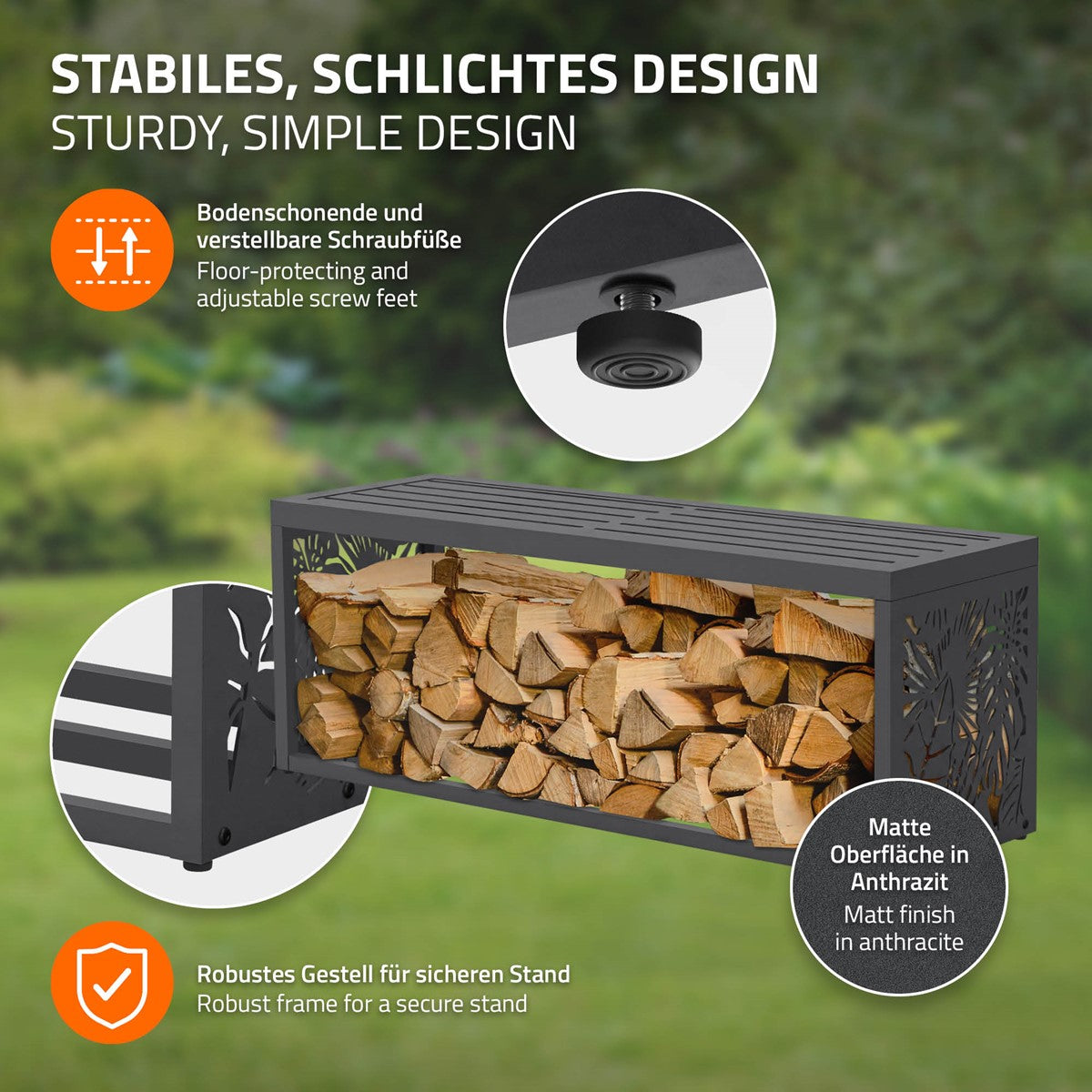 Schwarze Holzbank mit Holzlager und stabiler Bauweise.