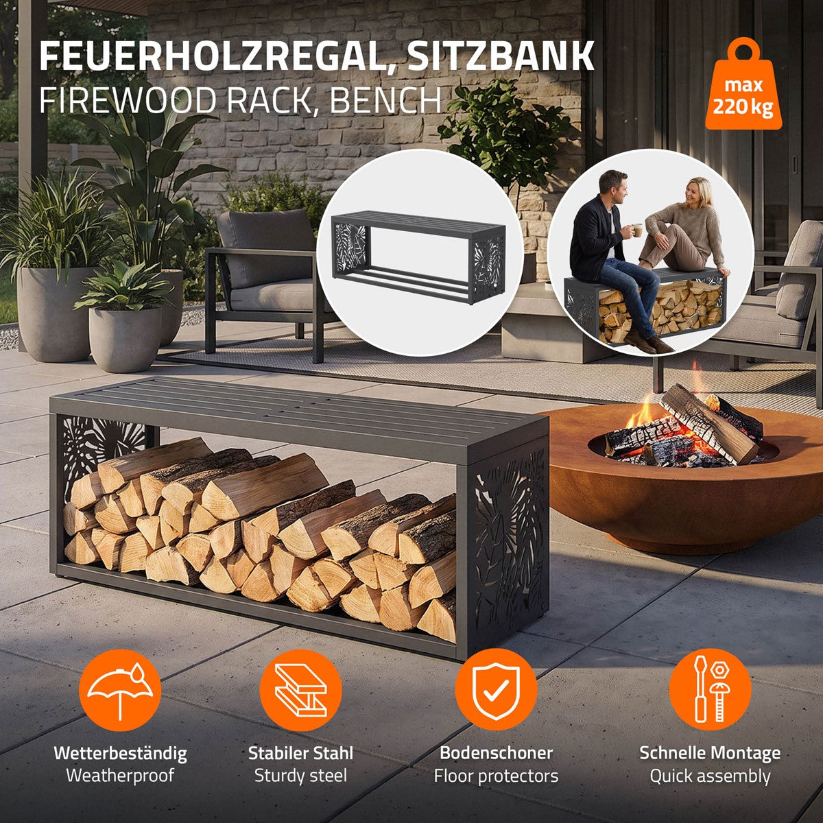 Eine Bank mit Holzlager, die als Sitzgelegenheit im Freien genutzt werden kann.