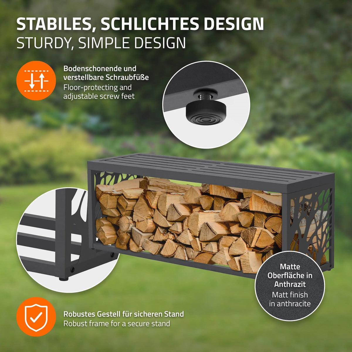 Detailansicht einer Bank mit Holzlager und stabilen Füßen auf einem grauen Hintergrund.