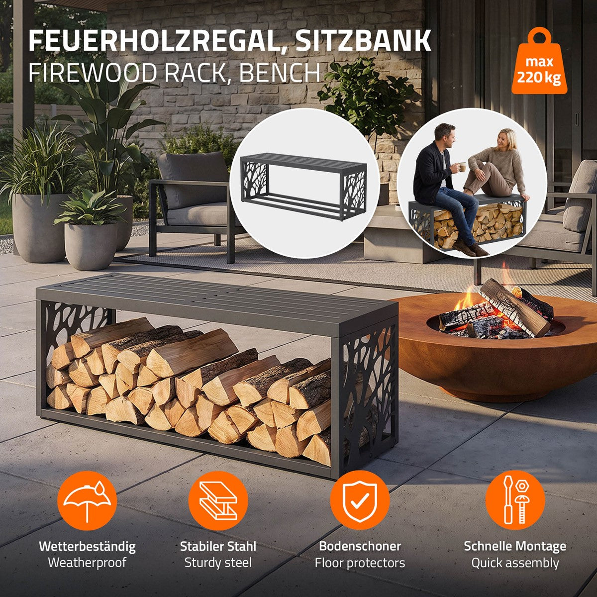 Holzregal und Sitzbank, wetterfest, stabil, mit Bodenbeschützern.