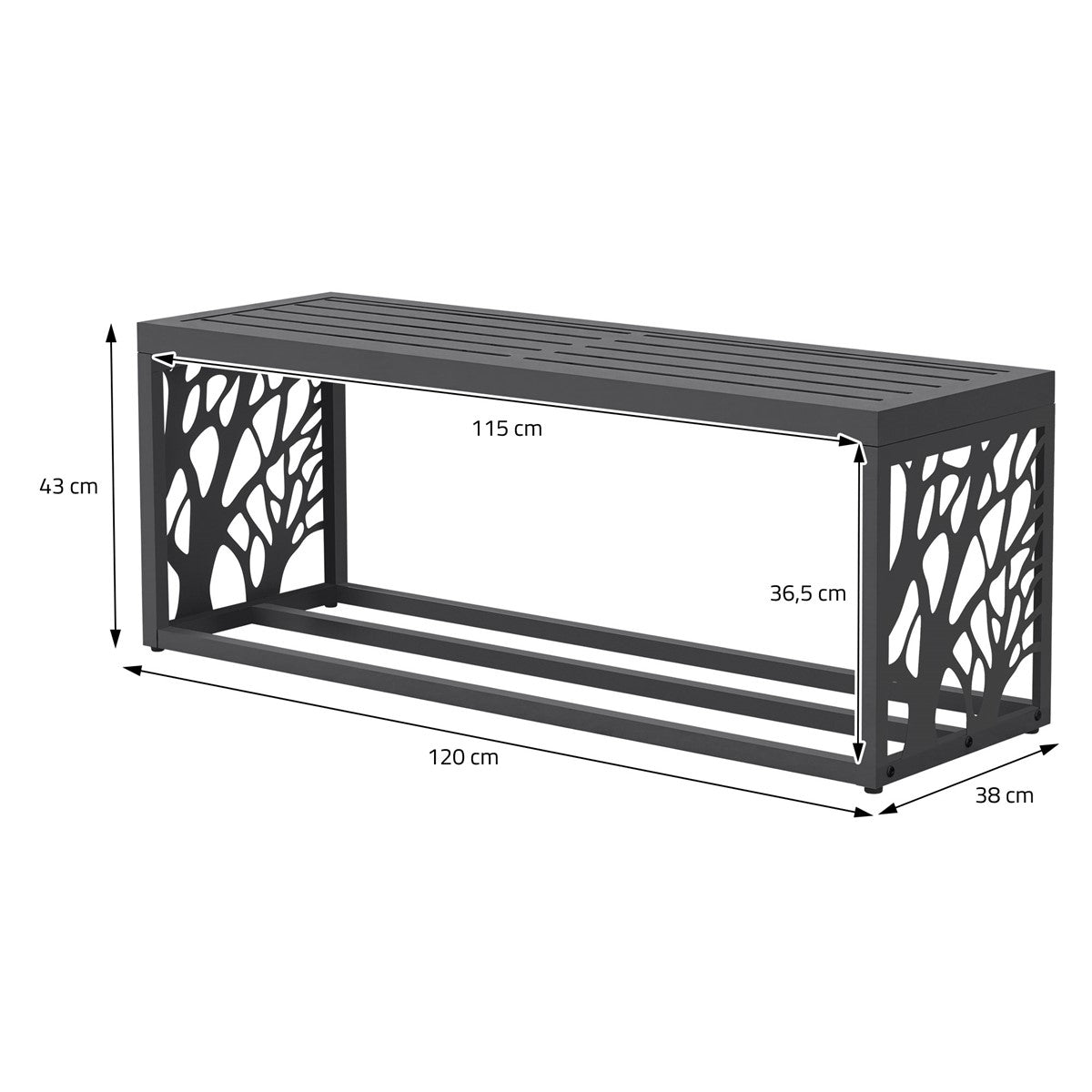 Eine schwarze Bank mit einem offenen Design und Maßen auf einem weißen Hintergrund.