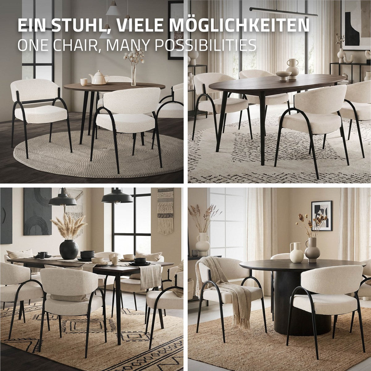 Vier Wohnraumszenen zeigen helle Stühle an unterschiedlichen Esstischen.