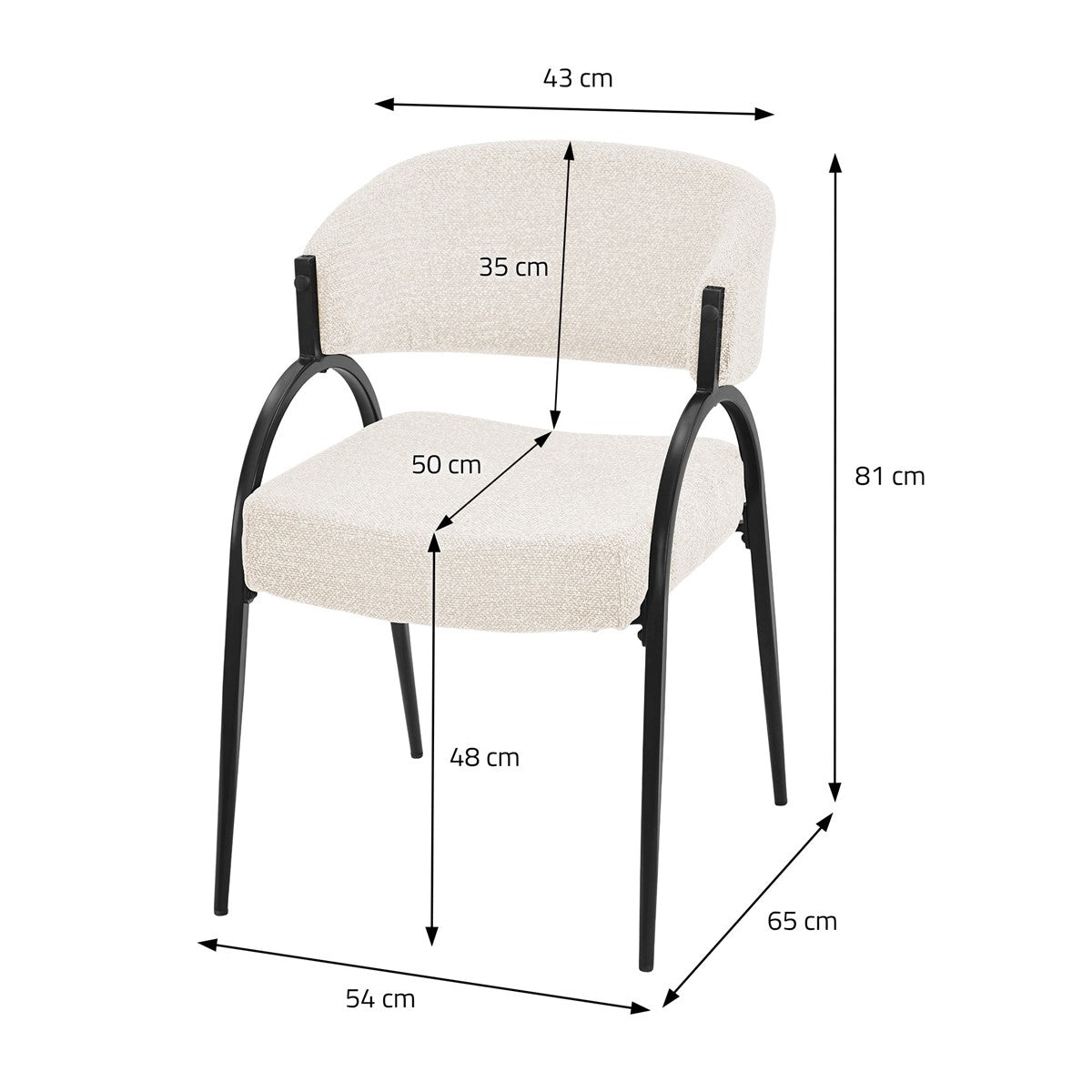 Weißer Esszimmerstuhl mit Maßangaben: 43 cm breit, 81 cm hoch und 65 cm tief; Sitzhöhe 48 cm, Sitztiefe 50 cm.