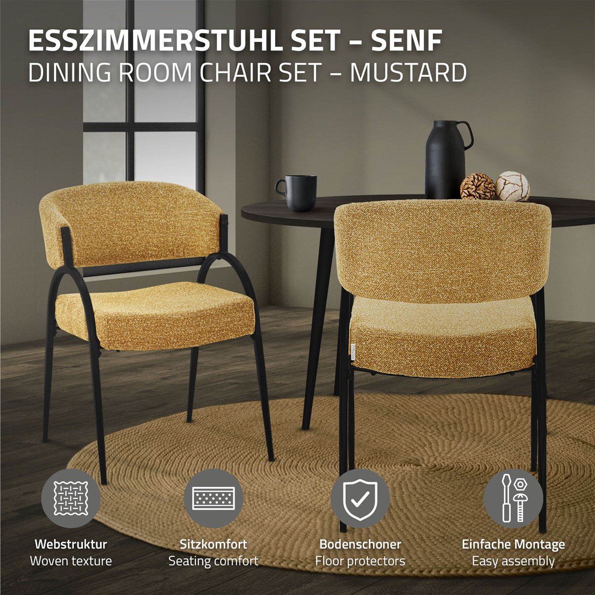 Zwei senfgelbe Polsterstühle mit schwarzen Metallgestellen an einem Esstisch; darunter Symbole für Webstruktur, Sitzkomfort, Bodenschoner und einfache Montage.