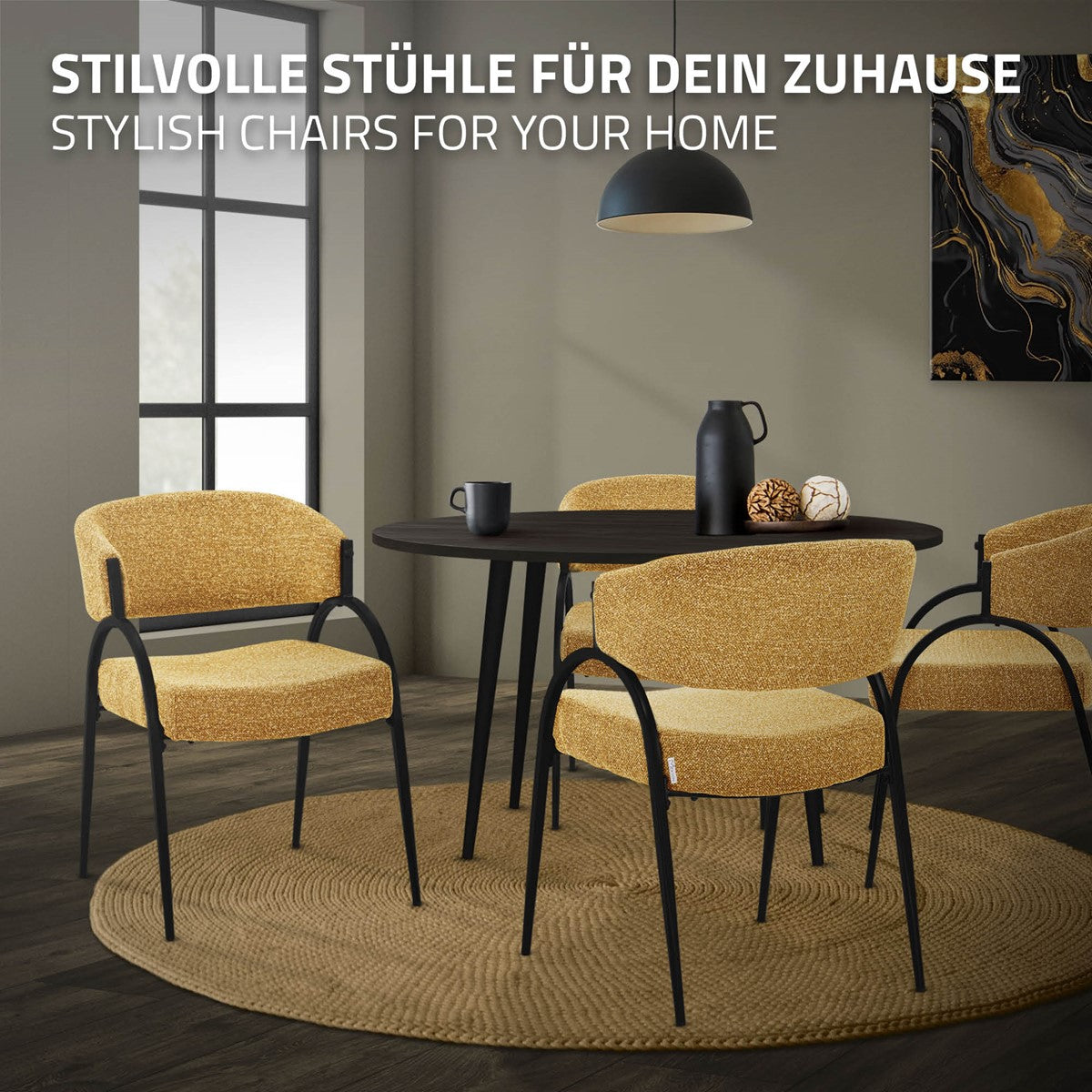Gelbe Esszimmerstühle mit schwarzen Metallgestellen um einen runden Tisch; darüber steht „Stilvolle Stühle für dein Zuhause“.