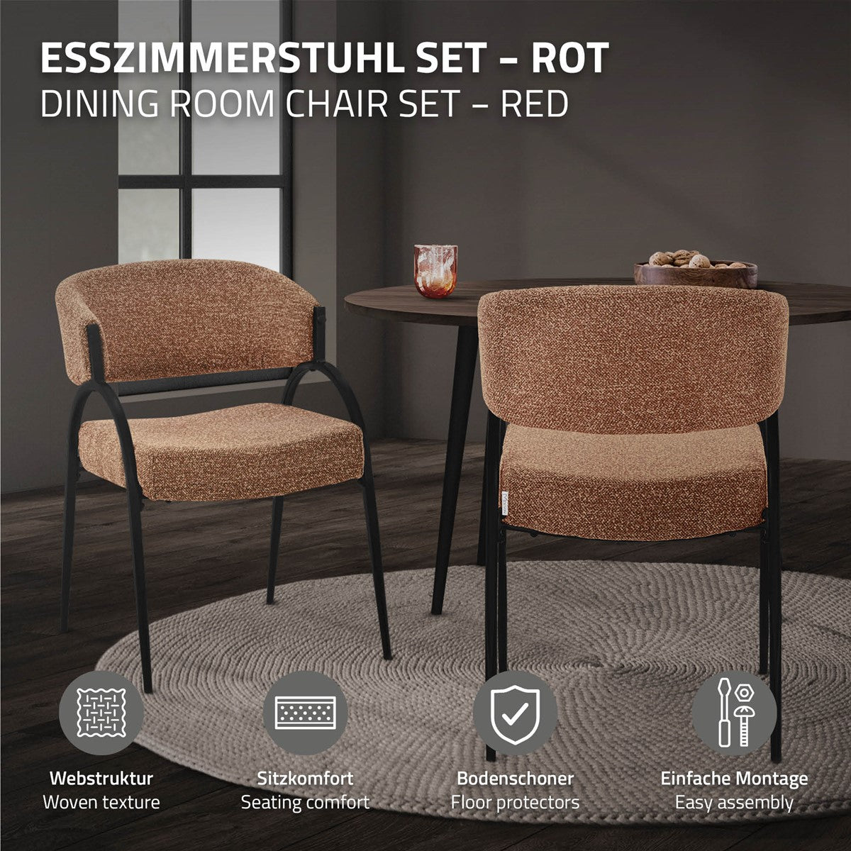 Zwei rotbraune Esszimmerstühle mit schwarzem Metallgestell an einem Tisch; Symbole nennen Webstruktur, Sitzkomfort, Bodenschoner und einfache Montage.
