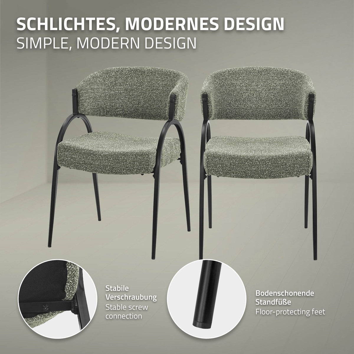 Zwei graue Polsterstühle mit schwarzen Metallgestellen; Detailkreise zeigen Schraubverbindung und bodenschonende Standfüße.