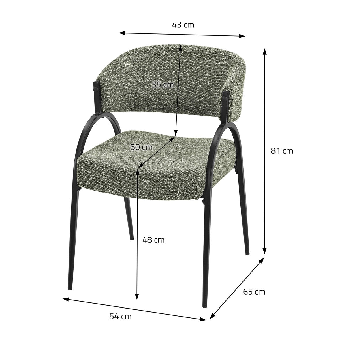 Grauer Polsterstuhl mit Maßangaben: 43, 50, 54, 65 und 81 cm sowie 35 und 48 cm.