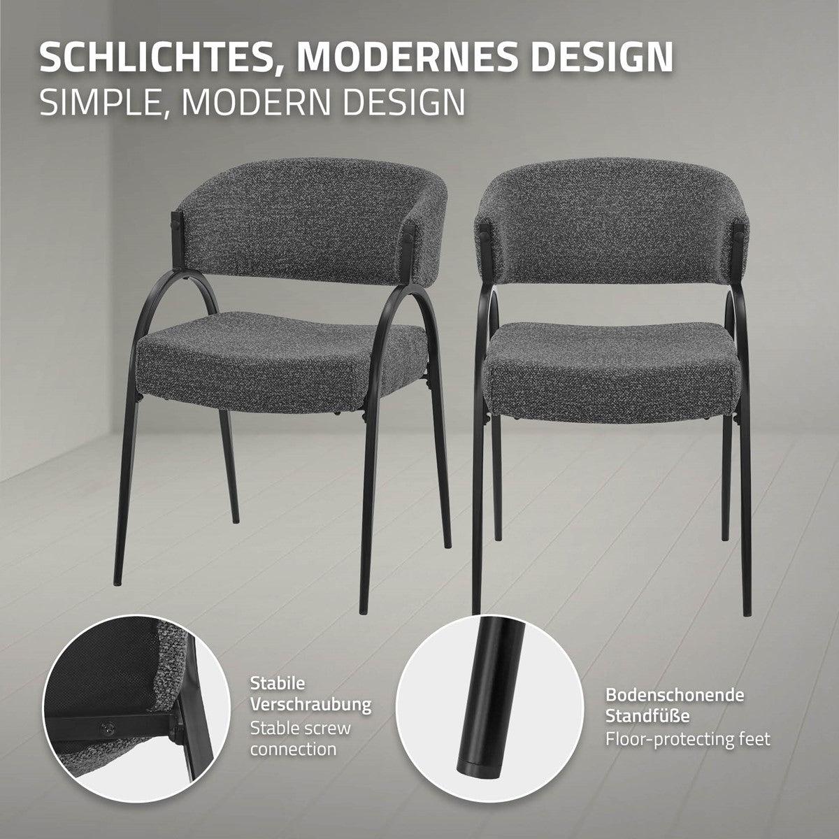 Zwei dunkelgraue Stühle mit schwarzen Gestellen; Detailkreise zeigen die Verschraubung und einen bodenschonenden Standfuß.