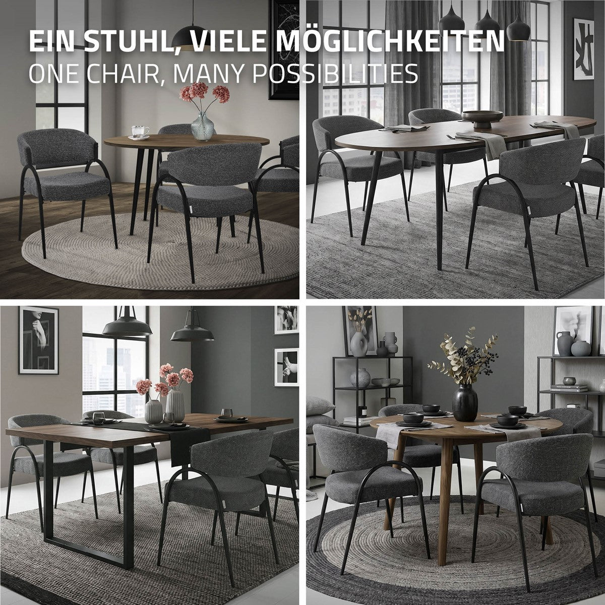 Collage mit vier Esszimmer-Szenen, in denen graue Polsterstühle an unterschiedlich geformten Esstischen stehen.