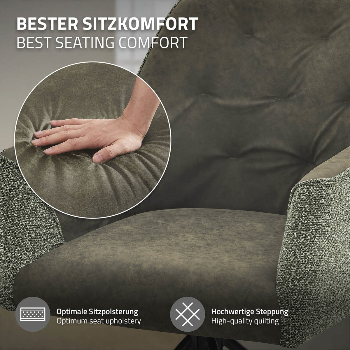 Close-up van een grijze fauteuil met een hand die op het zitkussen drukt; aanwijzingen over de vulling en het stiksel.