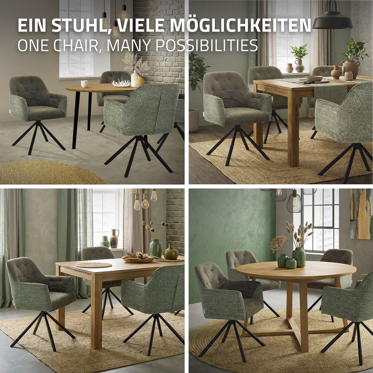 Cuatro escenas de interior muestran el mismo sillón tapizado junto a diferentes mesas de comedor; título: «Una silla, muchas posibilidades».
