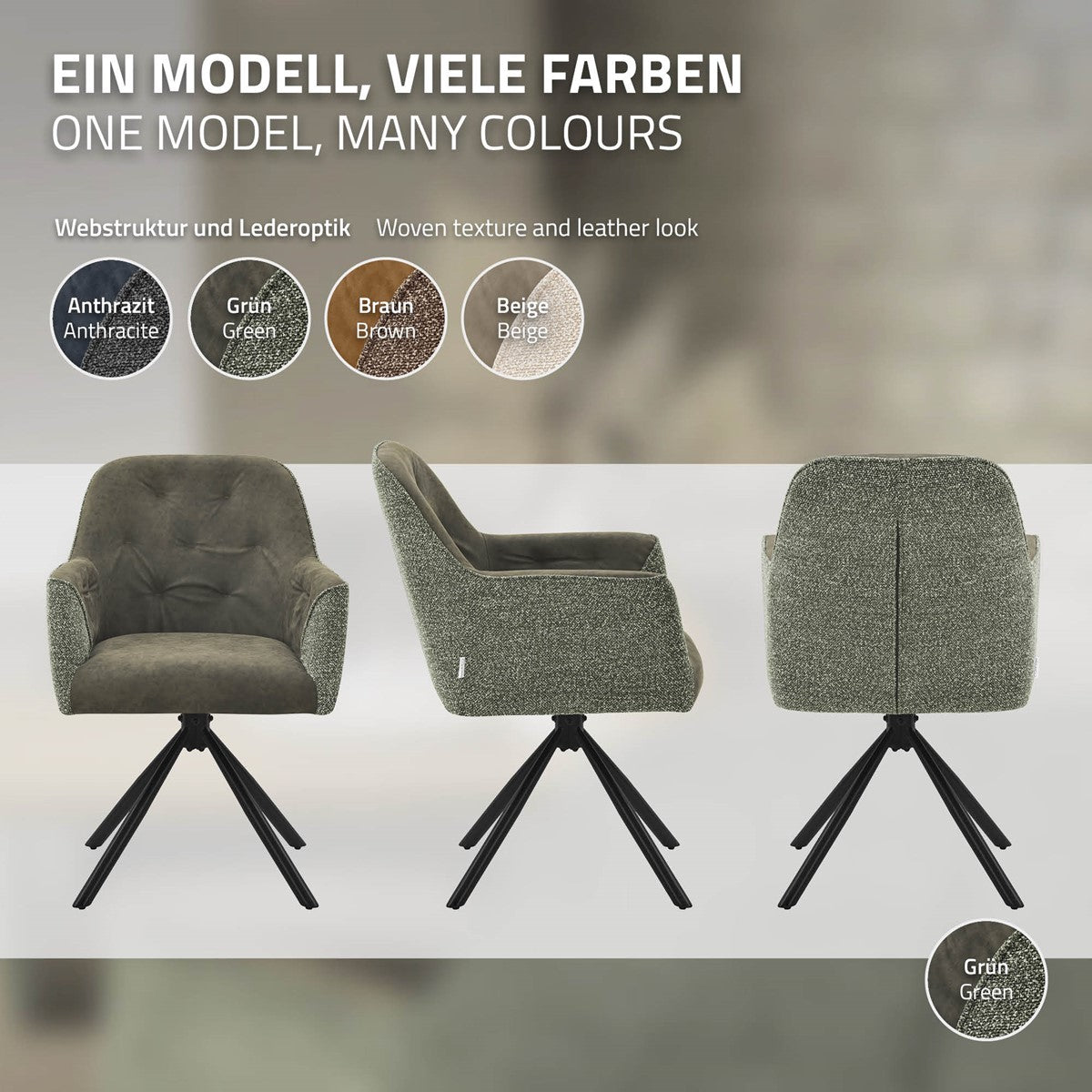 Tres vistas de una silla tapizada de color gris verdoso con base giratoria negra en forma de cruz; las muestras de color muestran antracita, verde, marrón y beige.