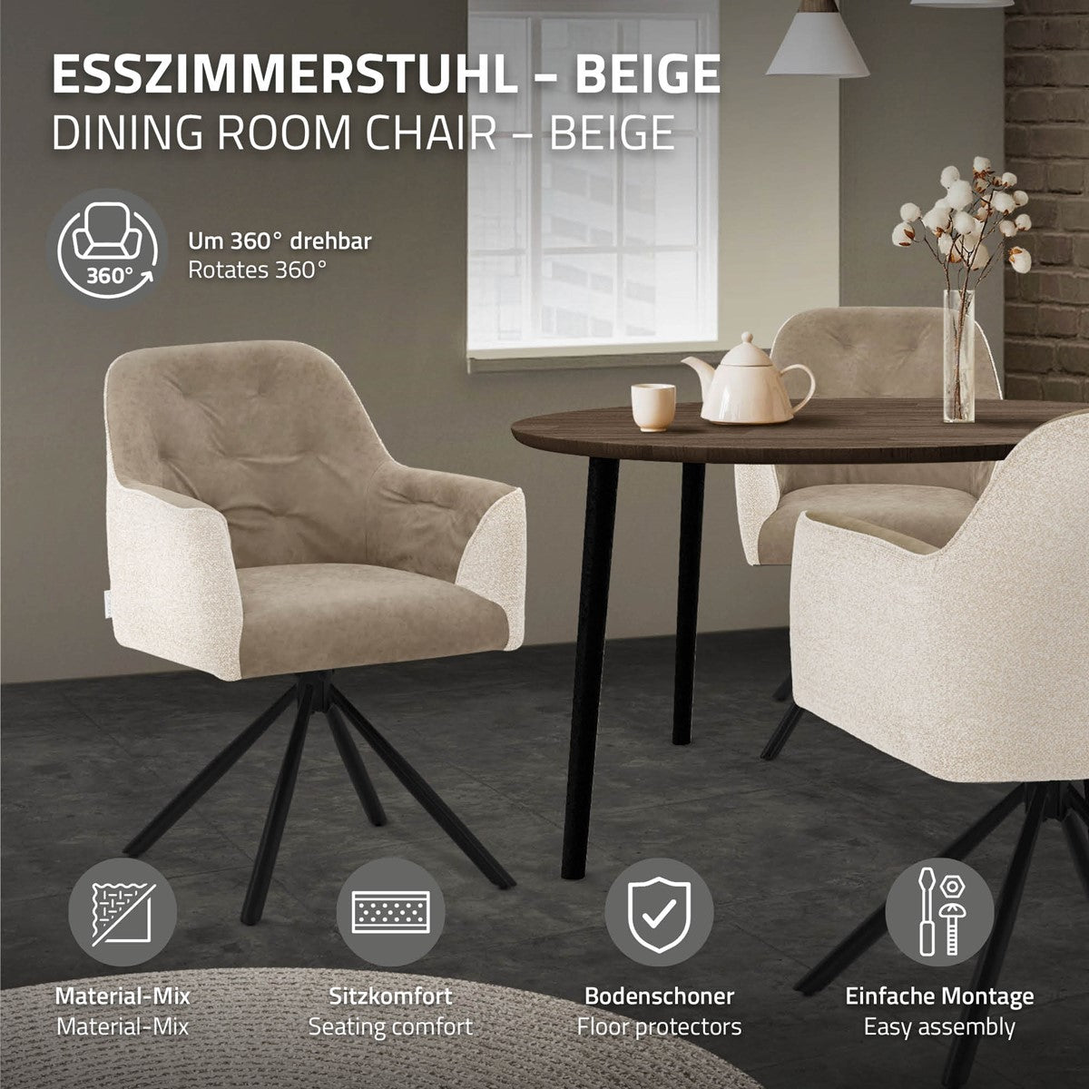 Beige gestoffeerde stoelen met zwarte draaionderstellen aan een eettafel; tekst in beeld vermeldt 360°-draaibaarheid en zitcomfort.