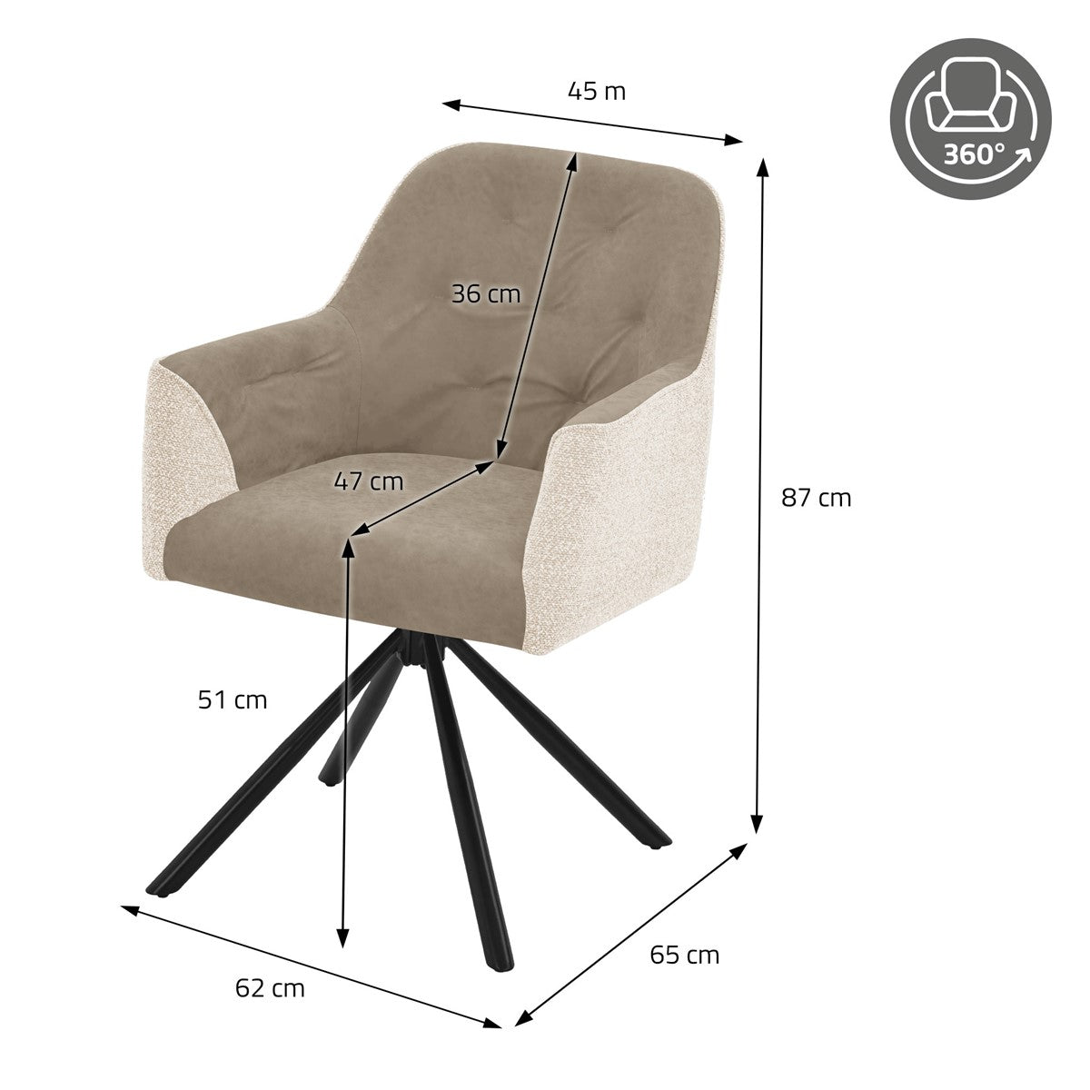 Beige draaistoel met afmetingen: 87 cm hoog, 62 cm breed en 65 cm diep; zithoogte 51 cm.