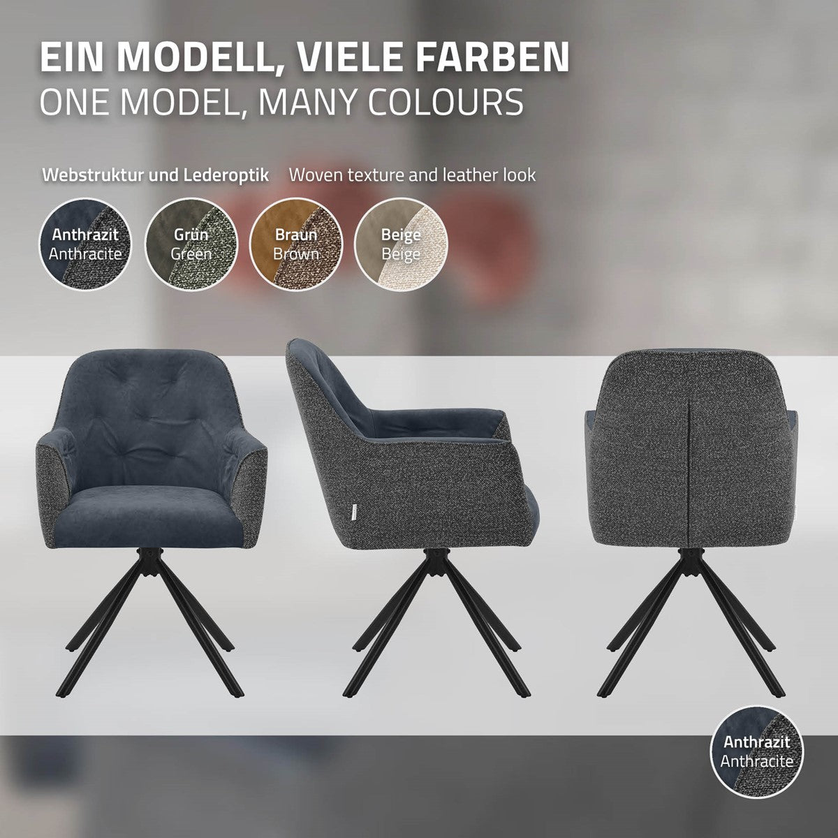Drejstol i antracit set forfra, fra siden og bagfra; farveprøver viser antracit, grøn, brun og beige.