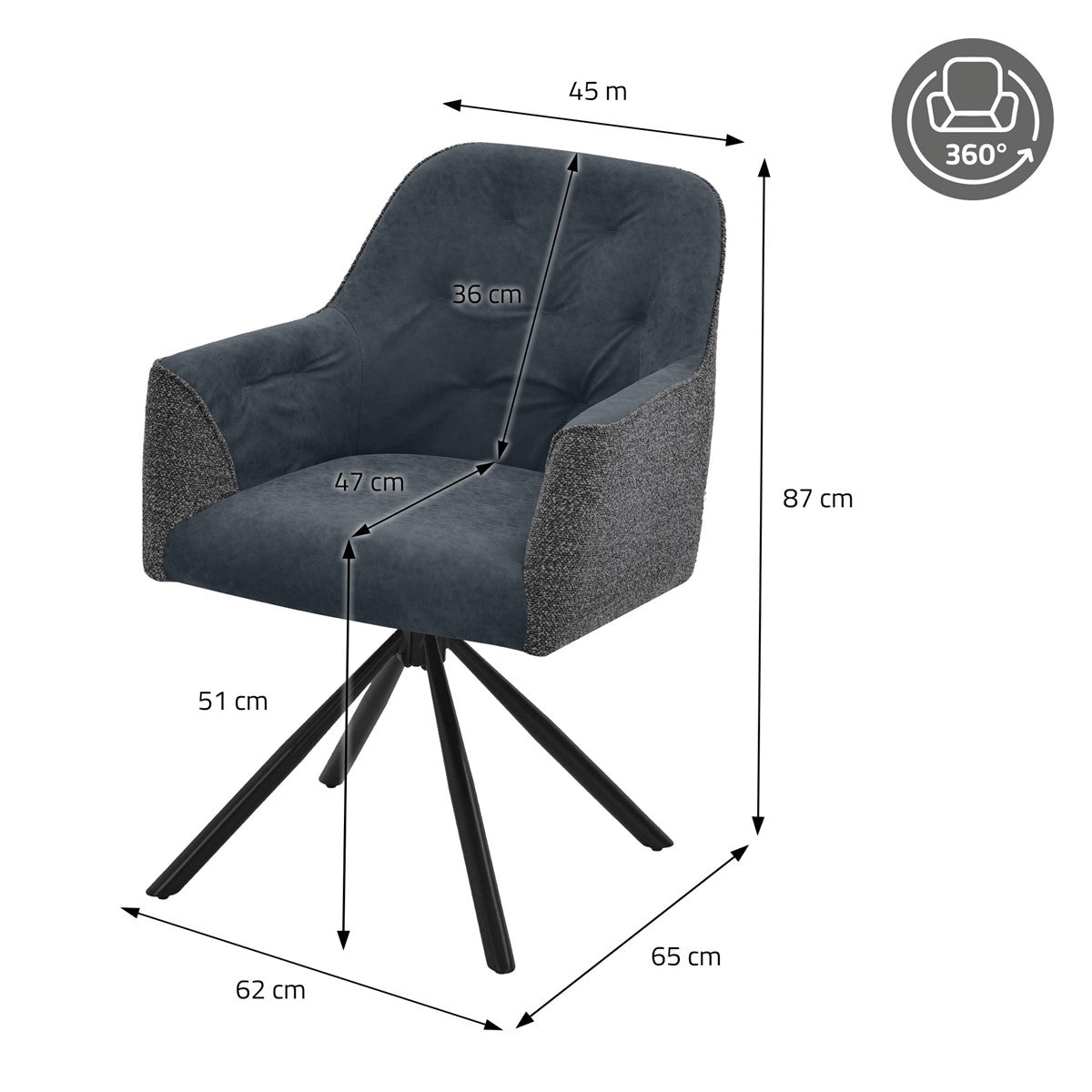 Blå lænestol med mål: 87 cm høj, 62 cm bred og 65 cm dyb; siddehøjde 51 cm.
