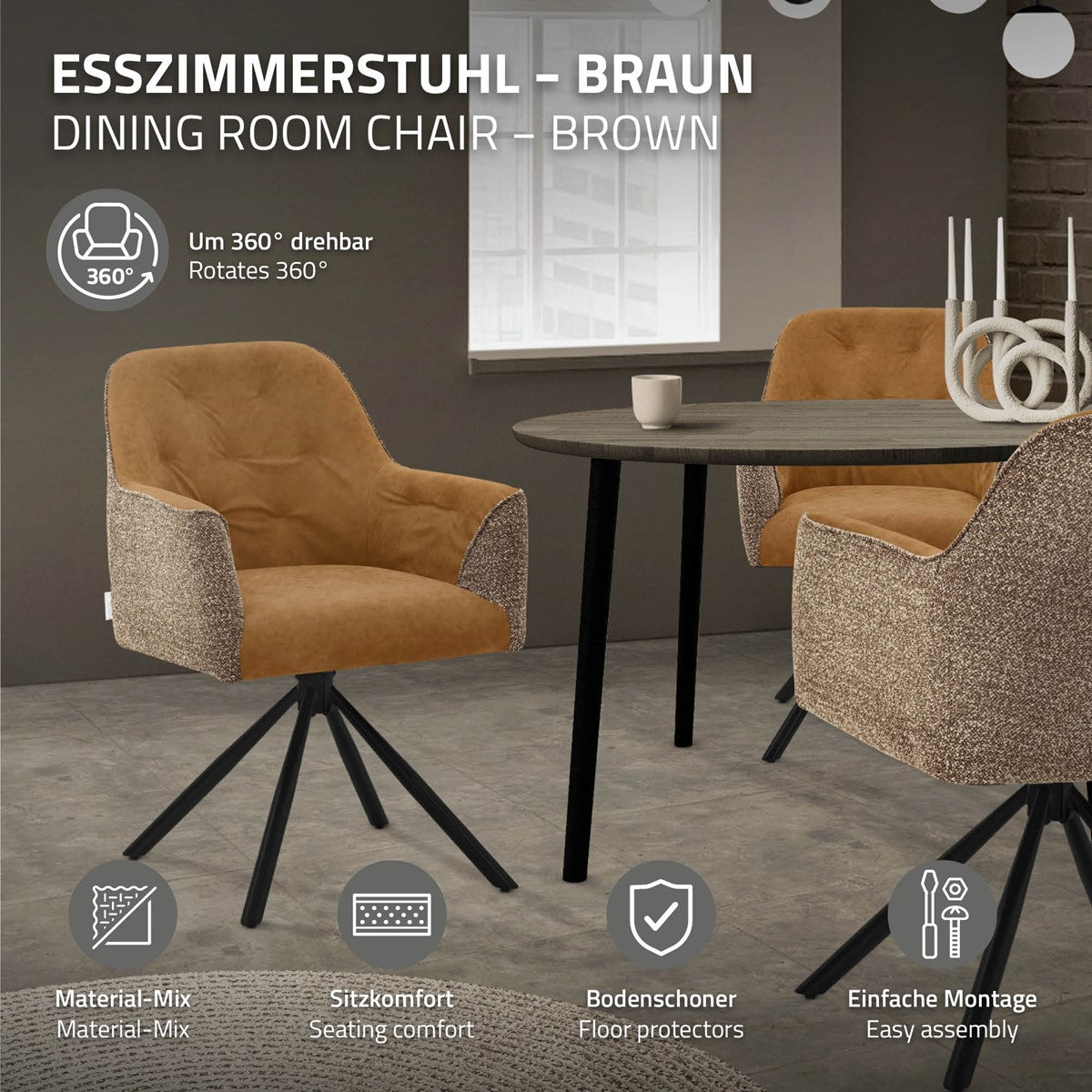 Twee bruine eetkamerstoelen met zwarte draaionderstellen naast een ronde tafel; productkenmerken zijn weergegeven.