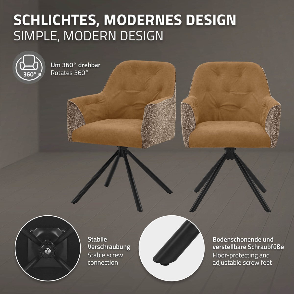 Zwei braune Polsterstühle mit schwarzen Drehgestellen; Detailbilder zeigen die Schraubverbindung und verstellbare Fußgleiter.