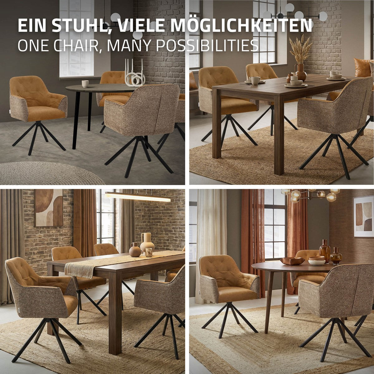 Vier Wohnraumszenen zeigen braune Polsterstühle mit schwarzen Drehgestellen an unterschiedlich geformten Tischen.