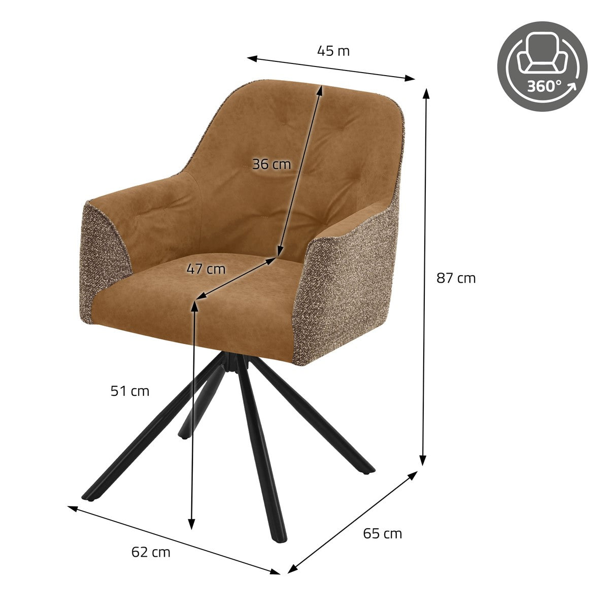 Bruine eetkamerstoel met afmetingen: 45 cm breed, 87 cm hoog, 62 cm diep; zithoogte 51 cm en zitdiepte 47 cm.