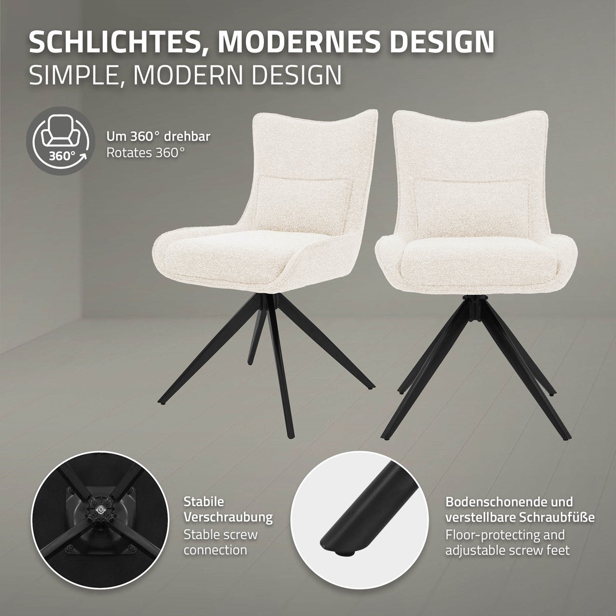 Zwei weiße Polsterstühle mit schwarzem Drehgestell; Detailbilder zeigen die Verschraubung und verstellbare Schraubfüße.