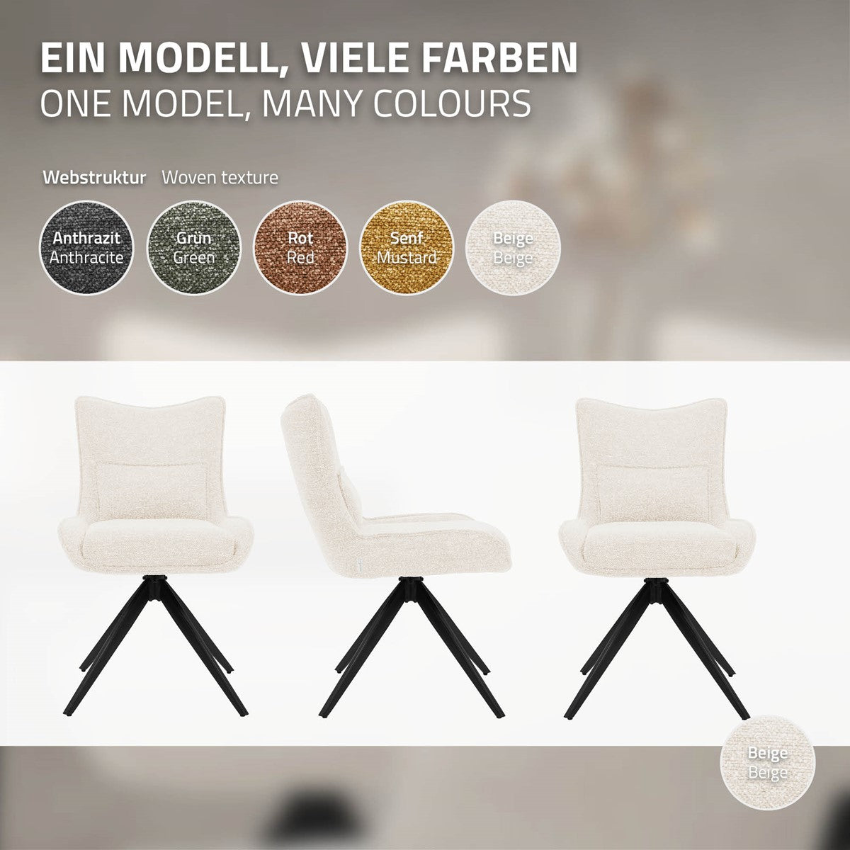 Produktgrafik mit einem Stuhl in Beige und Farbmuster in Anthrazit, Grün, Rot, Senf und Beige.
