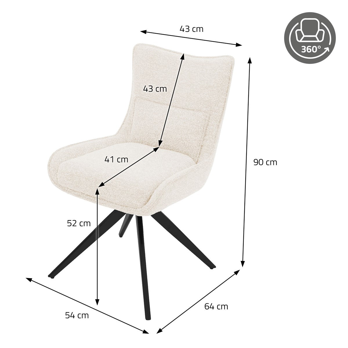 Heller gepolsterter Stuhl mit Maßangaben: Höhe 90 cm, Breite 43 cm, Tiefe 64 cm, Sitzhöhe 52 cm und Sitztiefe 41 cm.