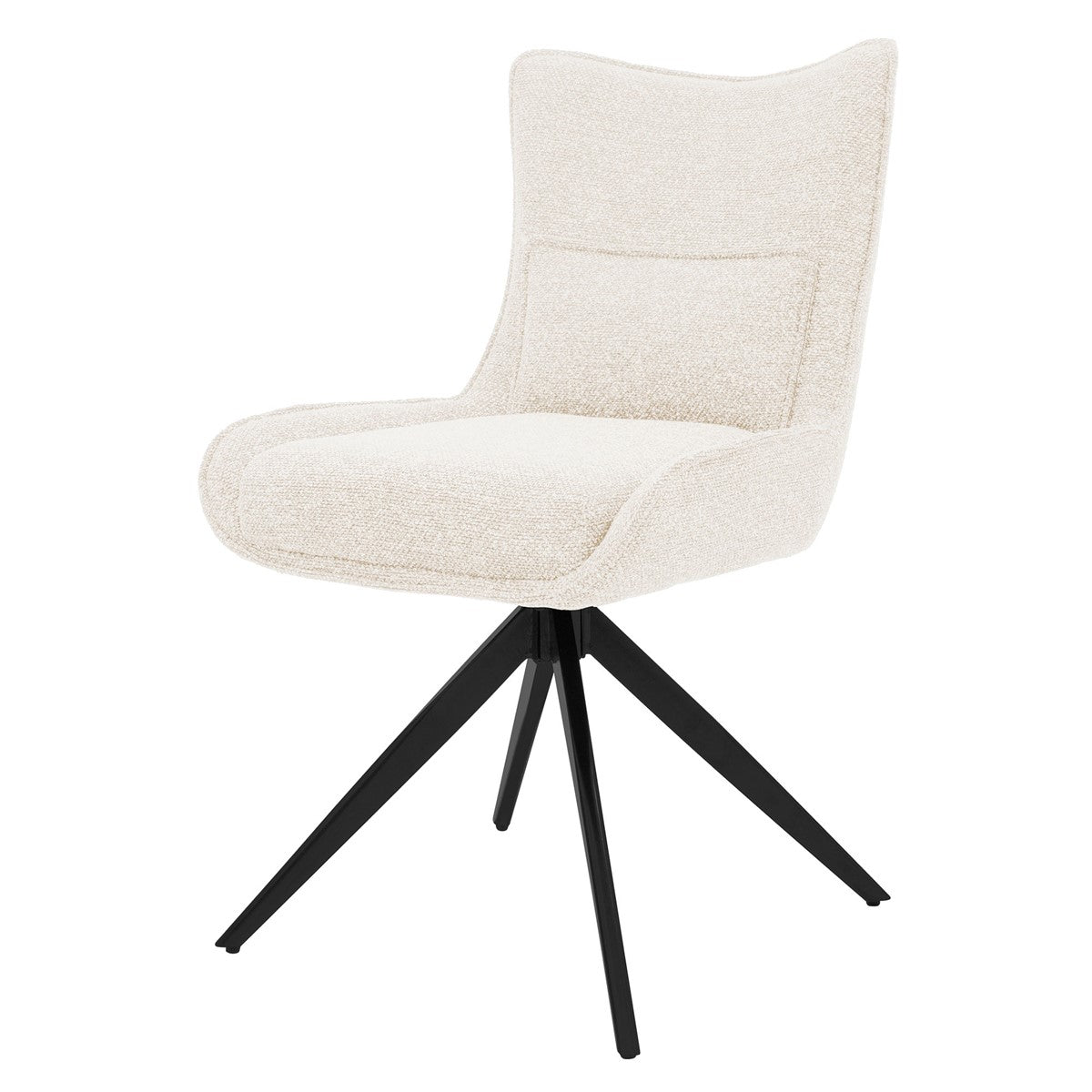 Chaise rembourrée de couleur crème avec un dossier haut et un piètement pivotant noir en forme d’étoile, sur fond blanc.