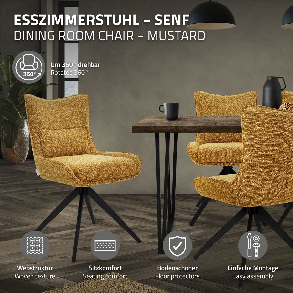 Senfgelbe Drehstühle an einem Esstisch; eingeblendete Hinweise nennen Webstruktur, Sitzkomfort, Bodenschoner und einfache Montage.