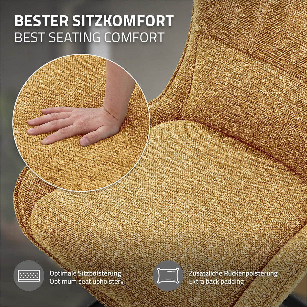 Nahaufnahme eines gelb melierten Stuhls; eine Hand drückt im runden Ausschnitt auf den Stoff.