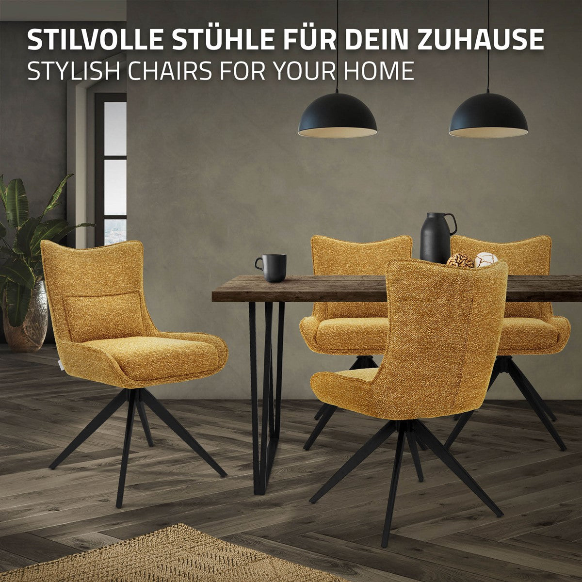Drei senfgelbe Esszimmerstühle mit schwarzen Drehgestellen um einen Tisch; darüber steht „Stilvolle Stühle für dein Zuhause“.