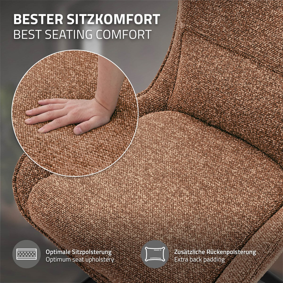 Nahaufnahme eines braunen Stoffstuhls mit einer Hand auf der Sitzfläche; Hinweise nennen Sitz- und Rückenpolsterung.
