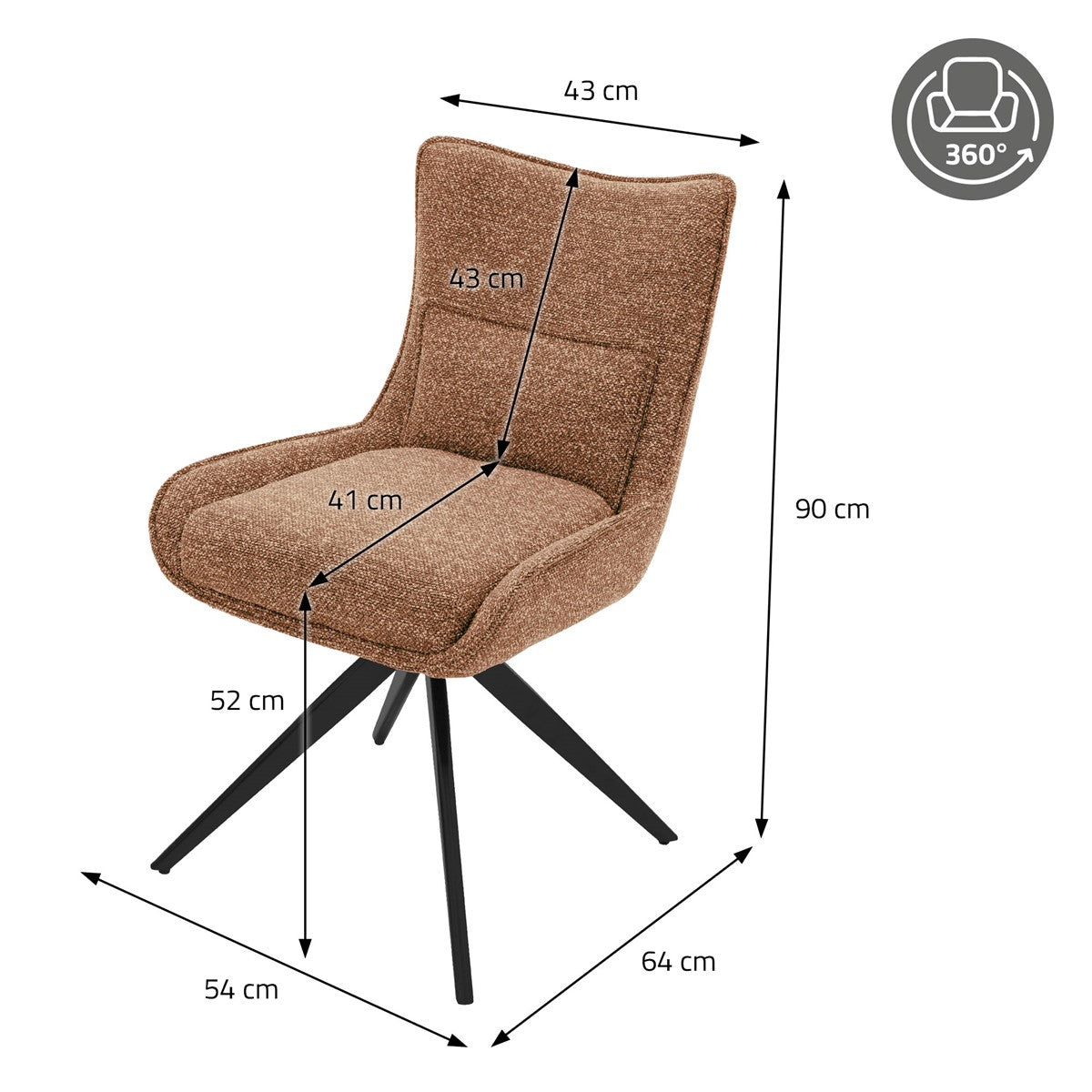 Brauner Polsterstuhl mit schwarzen Drehfüßen und Maßangaben: 90 cm hoch, 64 cm tief, 54 cm breit.