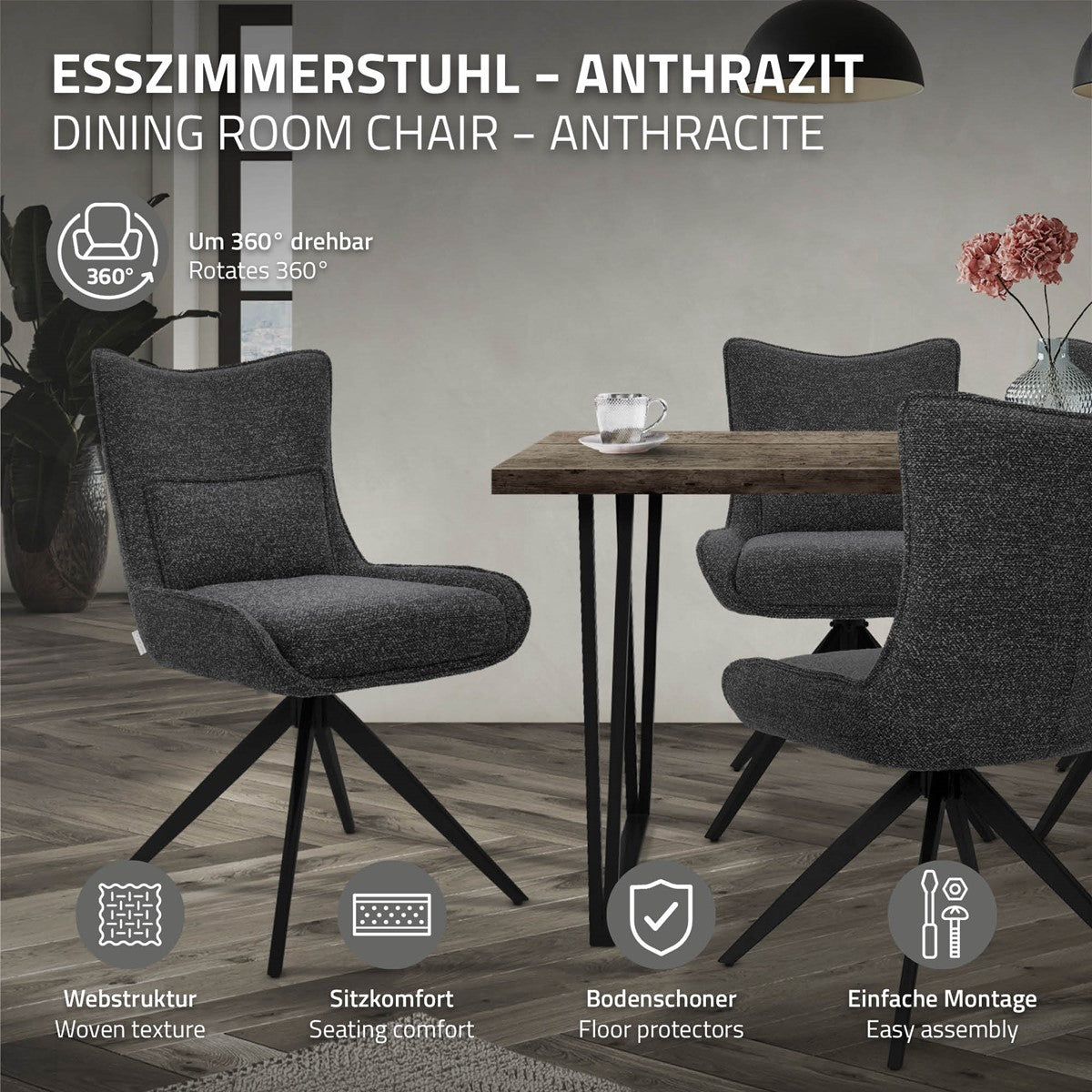 Dunkelgrauer Esszimmerstuhl mit Drehfuß an einem Holztisch; Hinweise zu Webstruktur, Sitzkomfort, Bodenschonern und Montage.