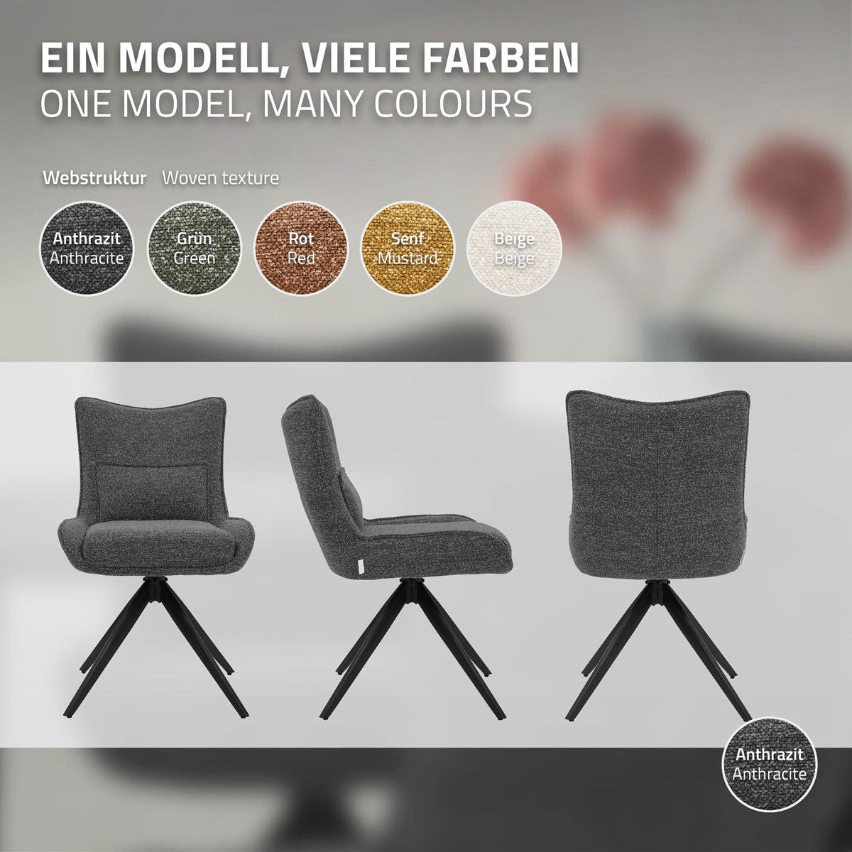 Drei Ansichten eines anthrazitfarbenen Stuhls sowie Stoffmuster in Anthrazit, Grün, Rot, Senfgelb und Beige.