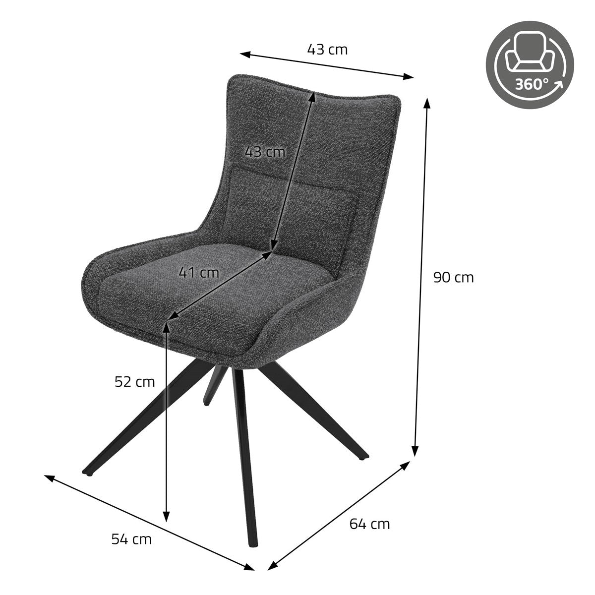 Dunkelgrauer Polsterstuhl mit Maßangaben: Höhe 90 cm, Breite 54 cm, Tiefe 64 cm; Sitzhöhe 52 cm.