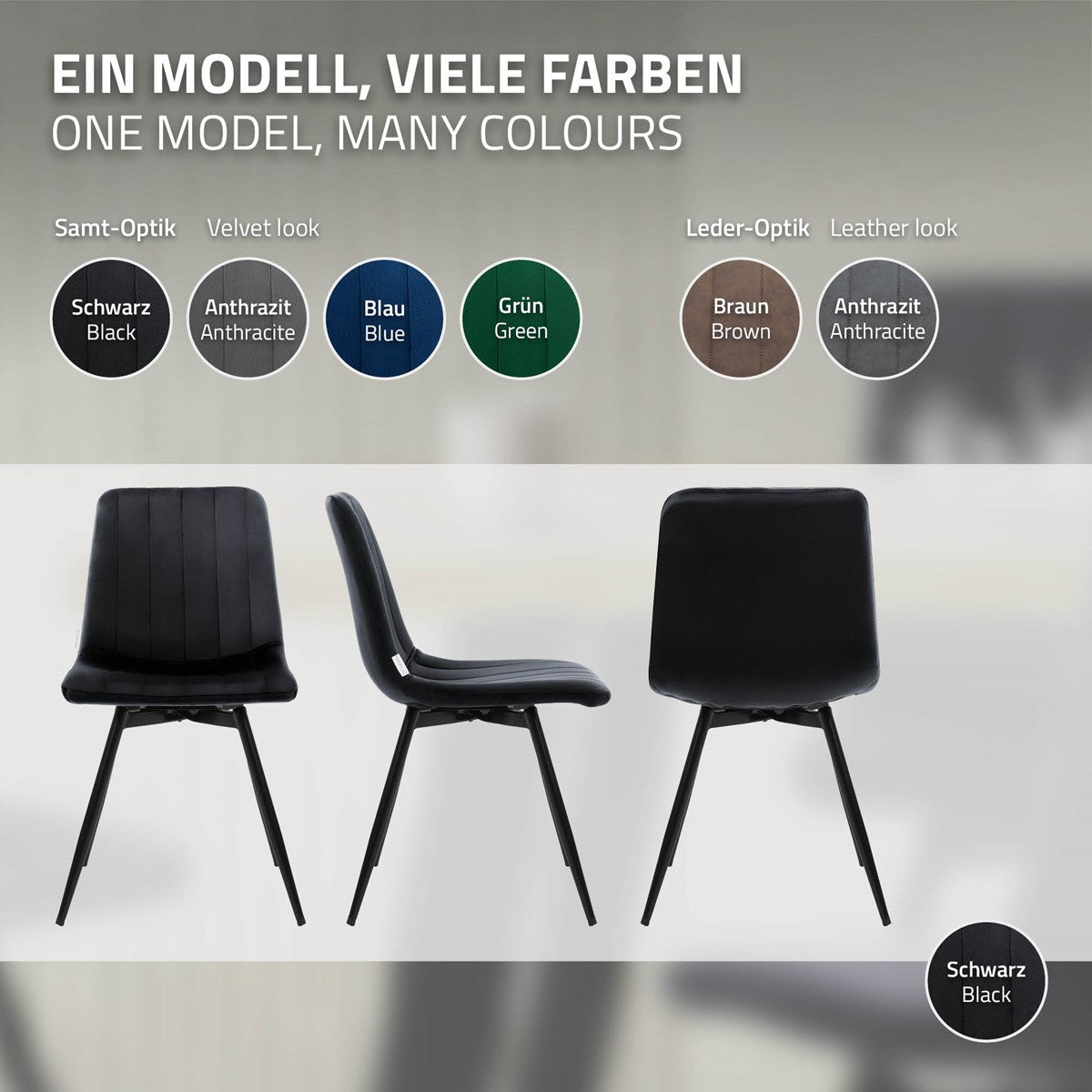 Produktgrafik mit drei Ansichten eines schwarzen Esszimmerstuhls und Farbauswahl für Samt- und Lederoptik.